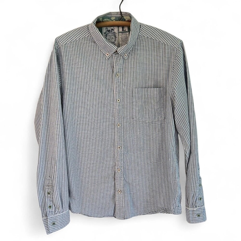 Trovata Mens Button-Up Long Sleeve Shirt Blue/White Checkered Pattern Size L Cot